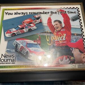 Framed NASCAR Memorabilia with authenticity sticker for Dale Jr.